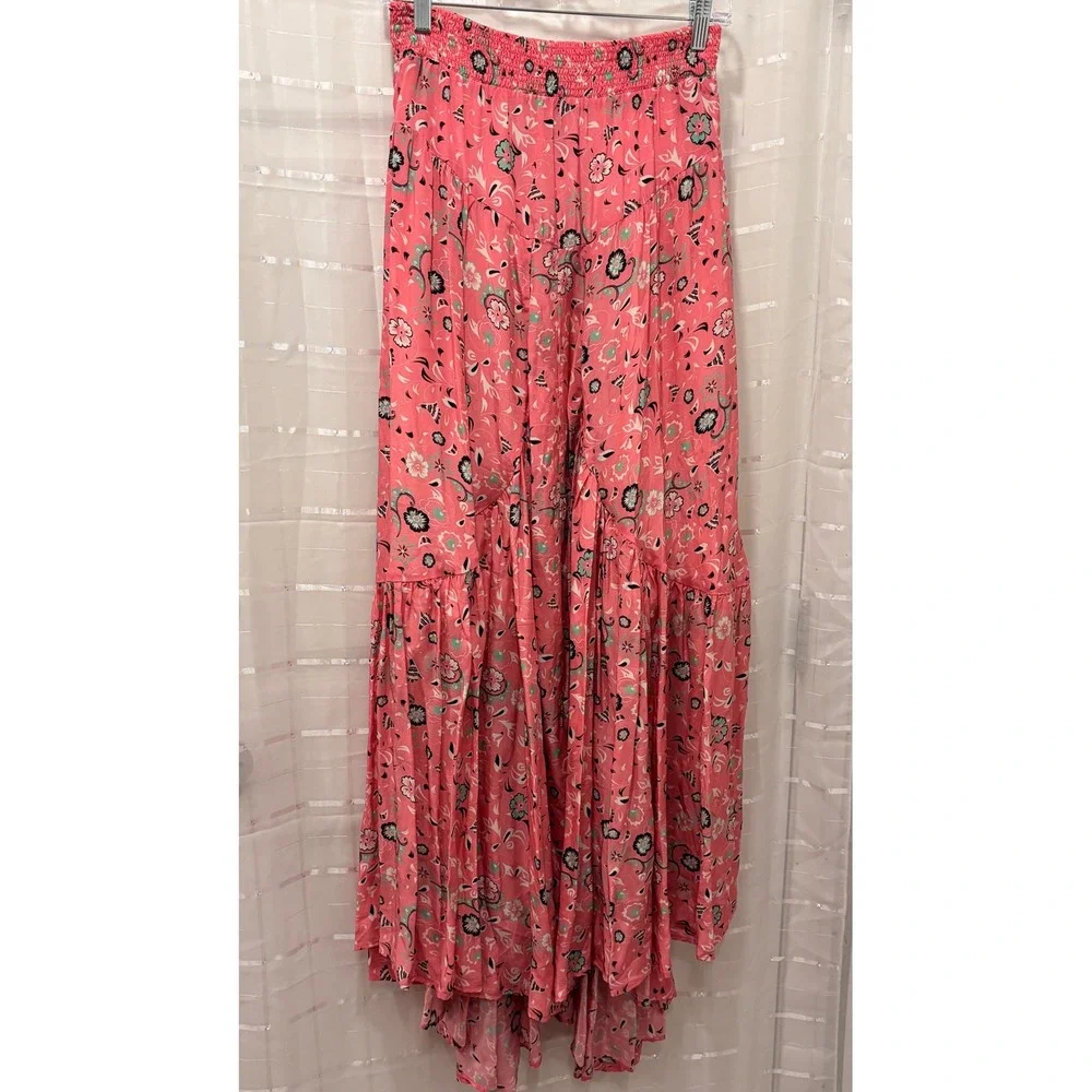 Mimi Liberte Michel Klein Pink Floral Silk Maxi Skirt Smocked Tiered Size 36 NEW